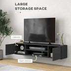 Grey floating media console with open shelves and hinged side cabinets for storage