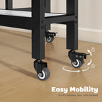 Close-up of table caster wheels with brakes on black folding dining table frame