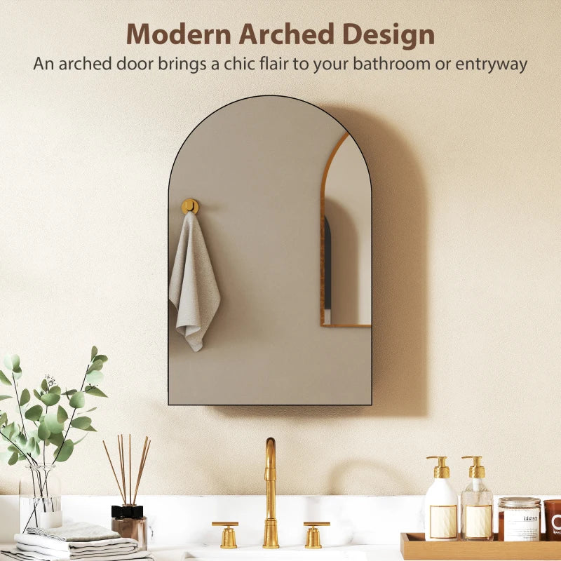 Black arched bathroom cabinet with built-in mirror and towel hook