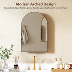 Black arched bathroom cabinet with built-in mirror and towel hook