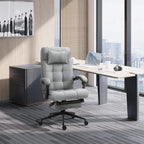 Light grey office chair with headrest, curved armrests, and swiveling base