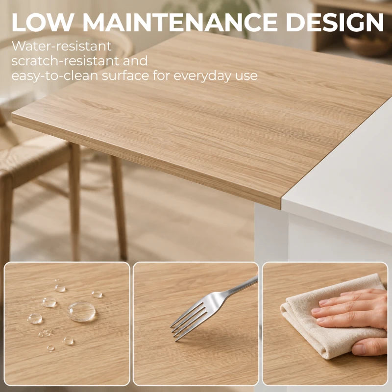 Natural wood top and white base of folding dining table with easy-clean finish