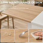Natural wood top and white base of folding dining table with easy-clean finish
