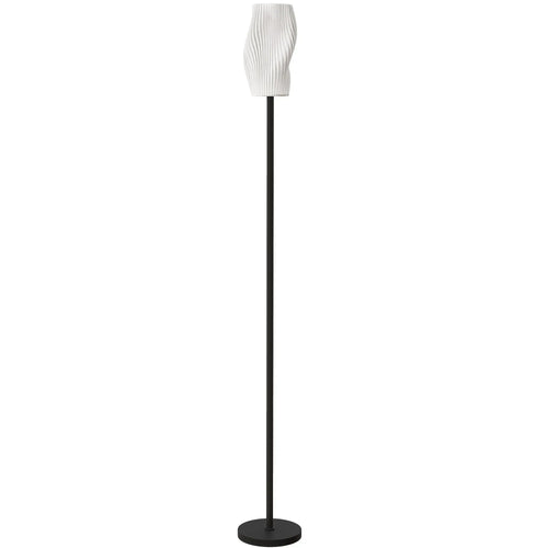 Modern floor lamp with white ribbed curved shade and tall black pole, round base