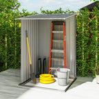Grey steel garden shed with open door, shelves inside, and yard tools