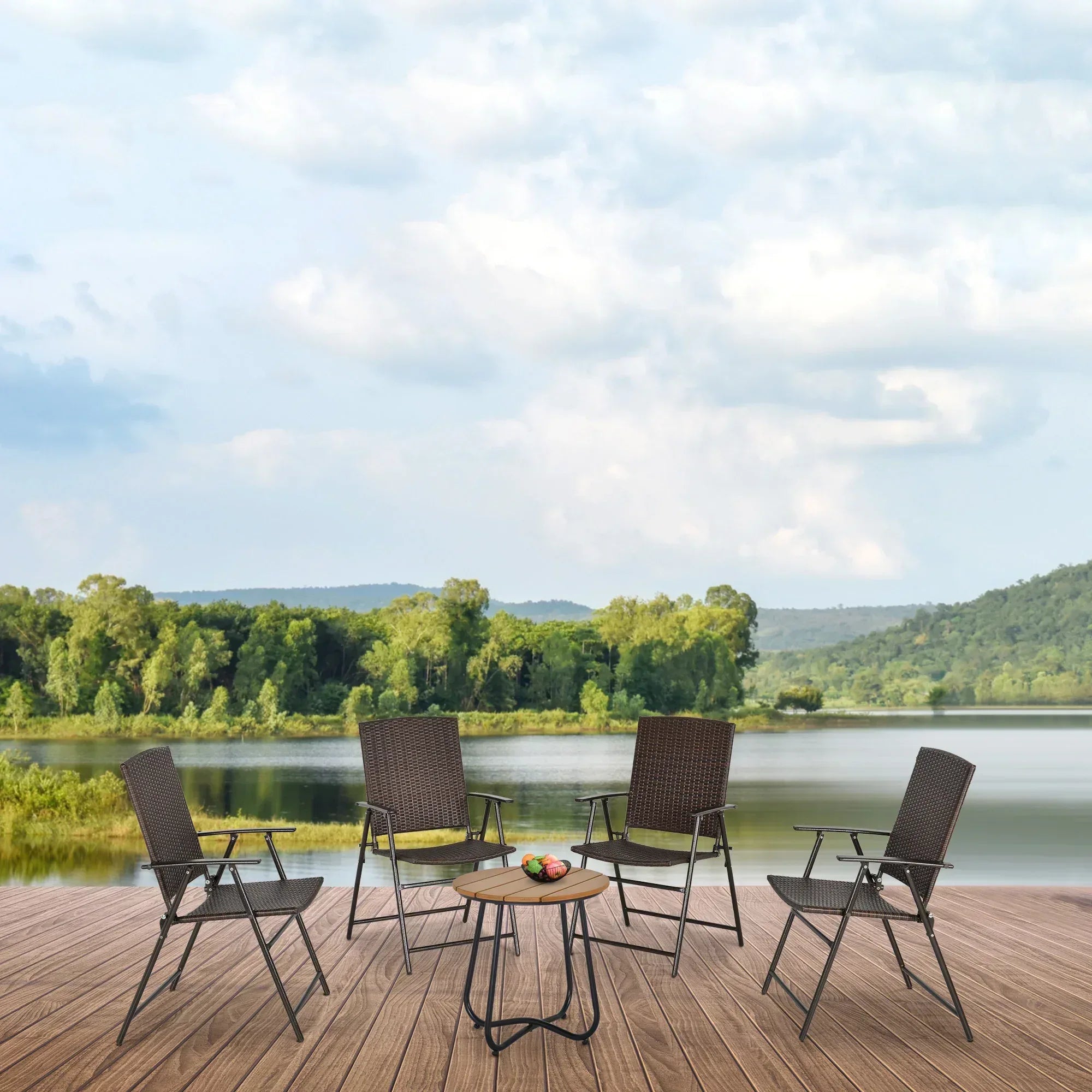 Set of Four Folding Rattan Seat Chairs - Brown - Bobobiy