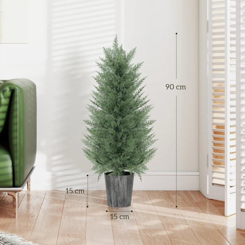 Artificial cypress tree in gray textured pot, green needles, about 90 cm tall