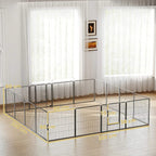 Grey metal dog playpen with gate openings and rectangular indoor layout