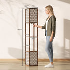 Rustic brown tall standing lamp-shelf with three open compartments and lattice panels