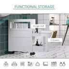 White narrow bathroom cabinet with storage shelf and two drawers shown in open view