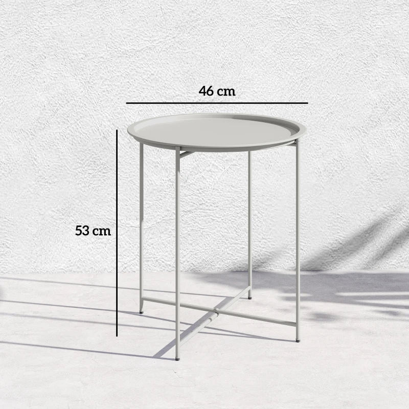 White round side table with removable tray and four folding legs, white metal frame