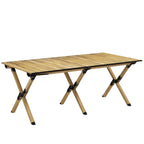 Portable camping table with roll-up top, natural wood-effect surface, folding legs
