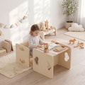 Natural wood toddler table and chairs with cutout sides, used for independent play