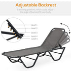 Grey reclining sun lounger featuring 5-position adjustable backrest with support bars