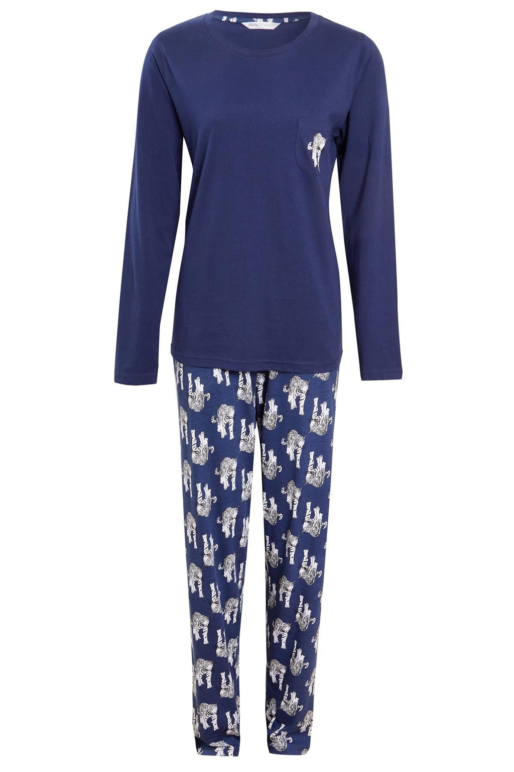 Navy Tiger Print Cotton Pyjama Set for Women 100% Soft Cotton Relaxed Fit Nightwear Perfect for Lounging and Sleeping Multiple Sizes Available