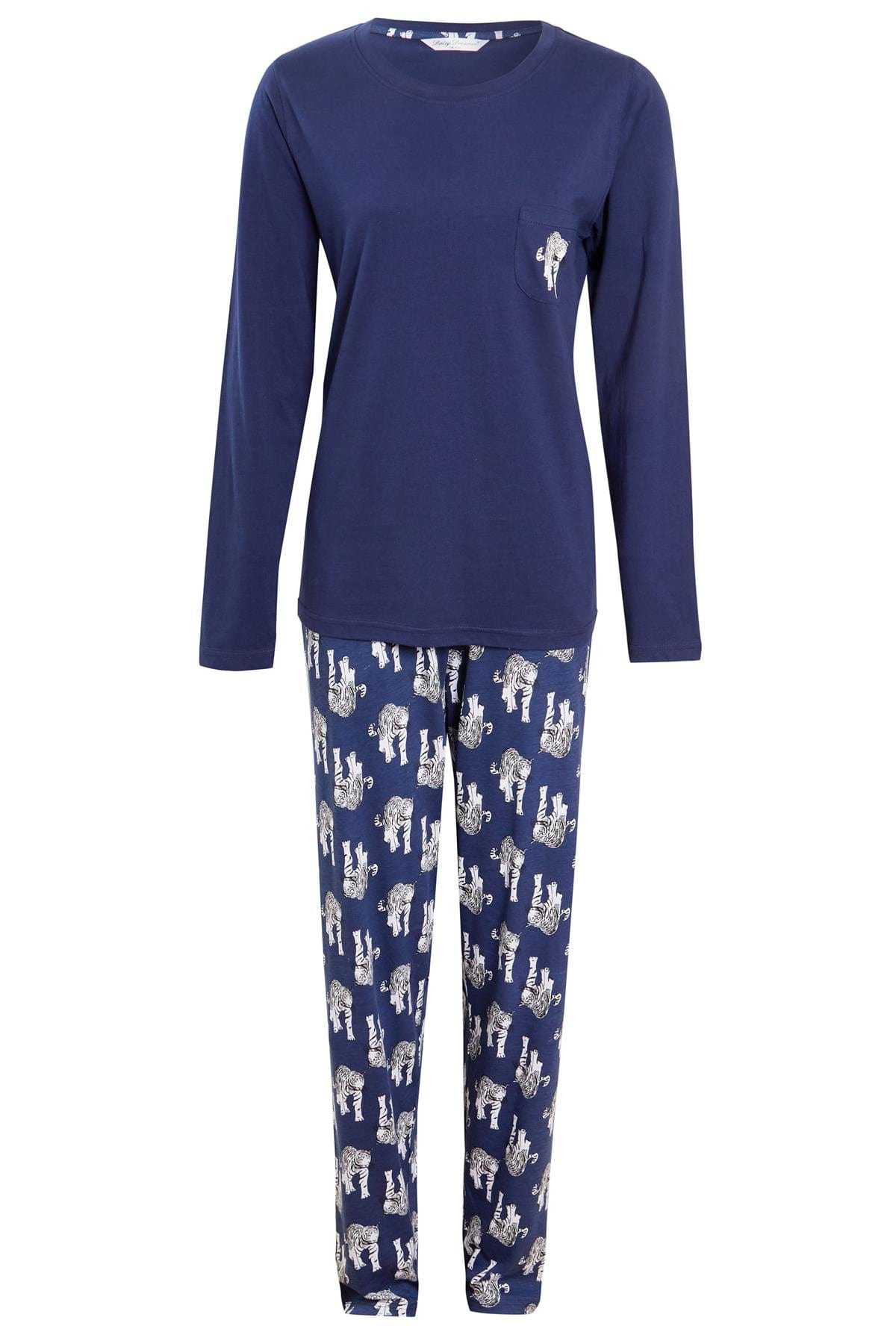 Navy Tiger Print Cotton Pyjama Set for Women 100% Soft Cotton Relaxed Fit Nightwear Perfect for Lounging and Sleeping Multiple Sizes Available