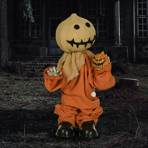 Outdoor Halloween scarecrow decoration doll holding a glowing jack-o-lantern bucket