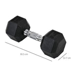 Black rubber hex dumbbell with knurled steel handle, with size measurement marks