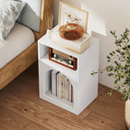 White bedside table side view with top surface and arched lower compartment