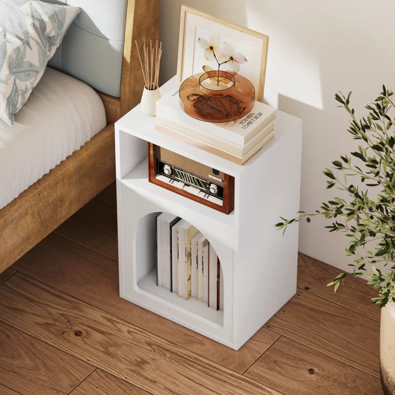 White bedside table side view with top surface and arched lower compartment