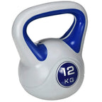 Light grey 12 kg kettlebell with blue handle and front blue 12 KG emblem