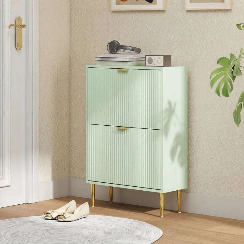 Light green shoe cabinet with two doors, gold legs, and a centered gold-tone handle