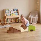 5-piece foam climbing blocks in brown and green with cream bases during play