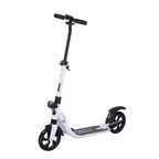White folding kick scooter with black handlebars and rear brake, large front wheel