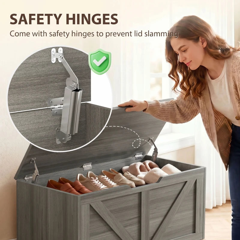 Dark grey wood-effect storage box lid with safety hinges and child-safety opening support