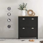 Black shoe cabinet with two drawers and wood top, compact space-saving design