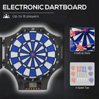 Electronic dartboard with blue scoring rings and black frame, side doors included