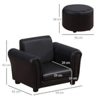 Black kids armchair with round footstool, side and front dimensions shown