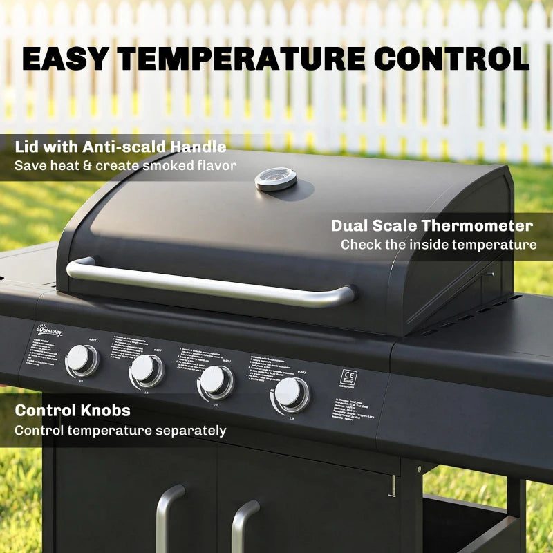 Black BBQ grill lid with dual-scale thermometer and front control knobs