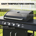 Black BBQ grill lid with dual-scale thermometer and front control knobs