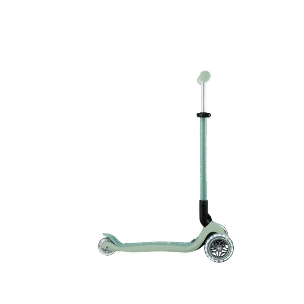 Pistachio kick scooter with raised stem, black handle grips, three wheels