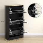 Black three-tier flip shoe rack cabinet with open shelves and side measurements