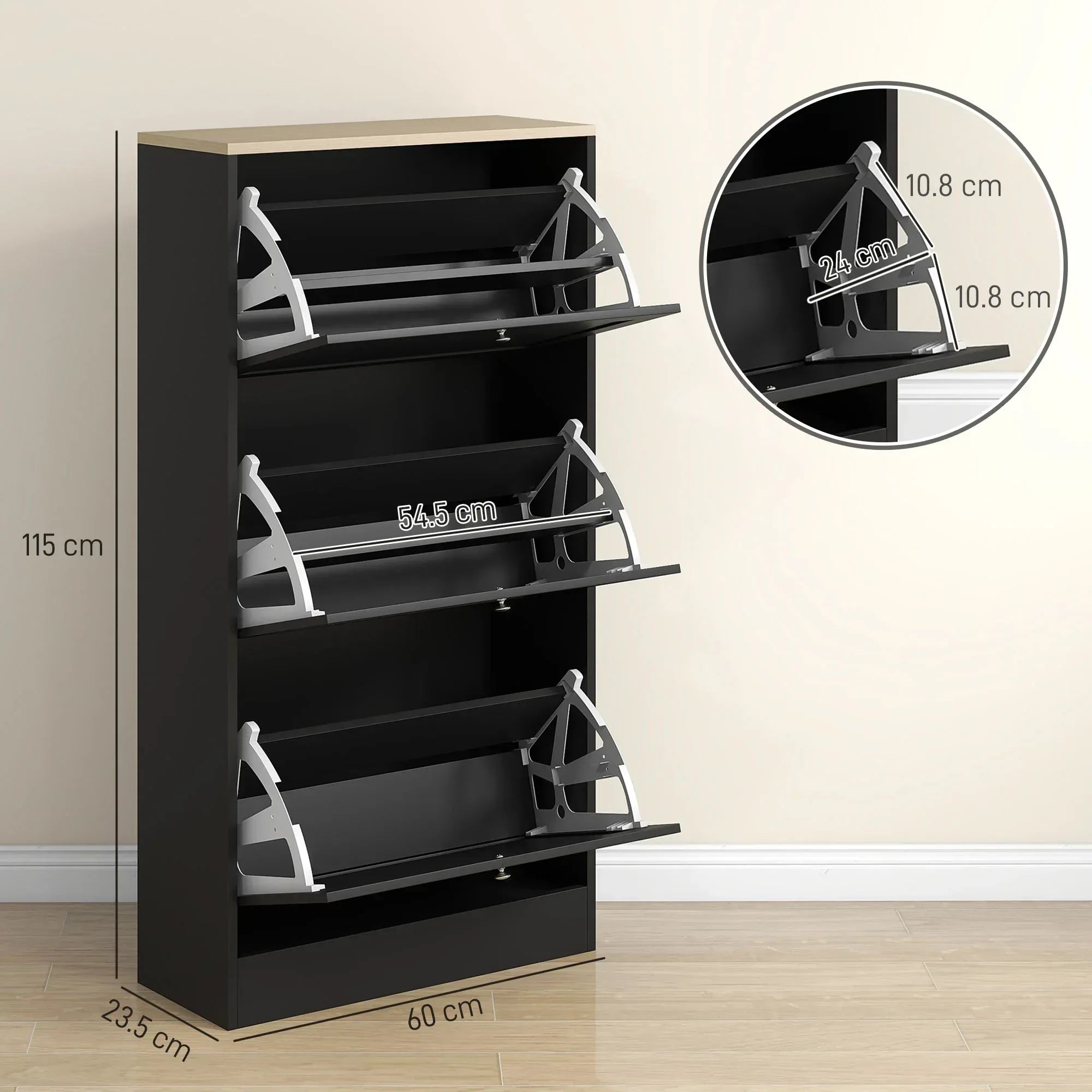 Modern Compact Three-Drawer Shoe Storage Cabinet - Black - Bobobiy