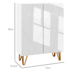 White narrow shoe cabinet with two doors and four gold legs