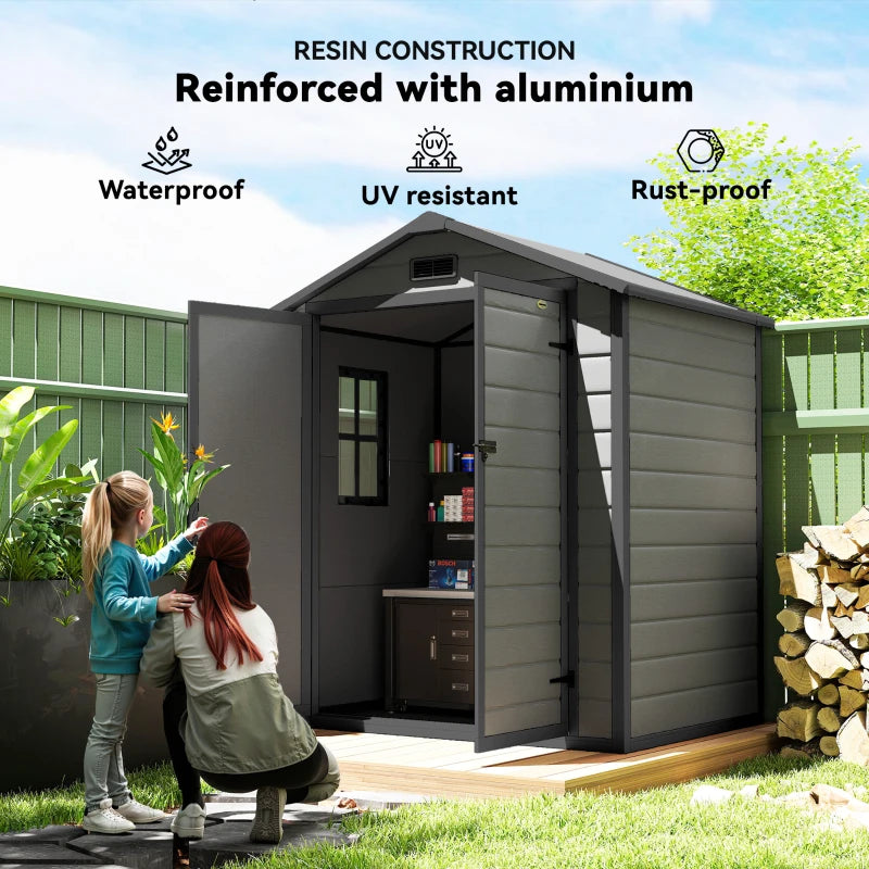 Dark grey resin garden shed reinforced with aluminum, waterproof and UV-resistant