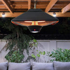 Black hanging patio heater with glowing infrared grille and handheld remote