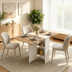 Expanded white folding dining table with natural wood top and drop-leaf extension for seating