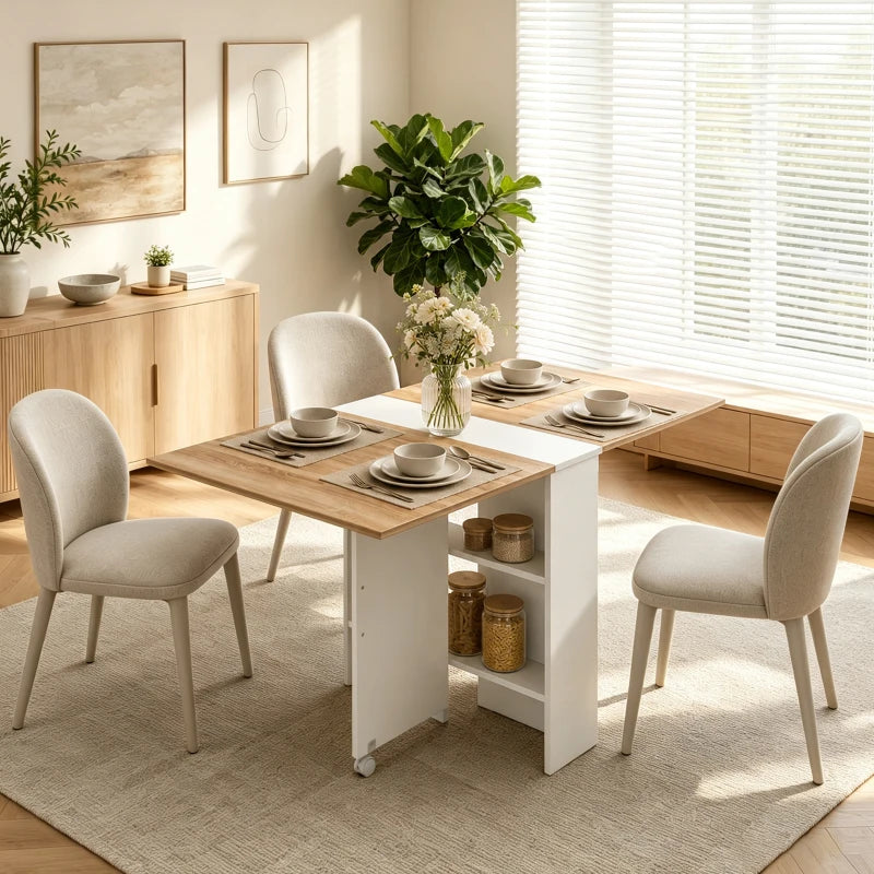 Expanded white folding dining table with natural wood top and drop-leaf extension for seating