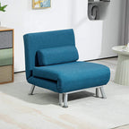 Blue sleeper chair with rounded armrests, cushioned seat base, silver metal feet