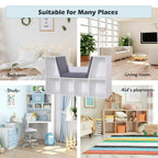White cube storage shelf with gray cushioned reading seat for bedroom or living room