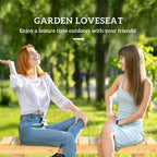 Natural fir wooden garden loveseat bench with slatted seat and sturdy side supports