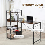 Industrial computer desk with dark brown top, black metal frame, and X-shaped crossbar