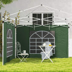 Green gazebo side panels installed, with left and right arched windows and cross-bar frame supports.