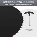 Black trampoline mat with V-hooks and included spring pull tool and spring