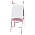 Pink three-in-one kids easel with whiteboard panel and lower storage shelf