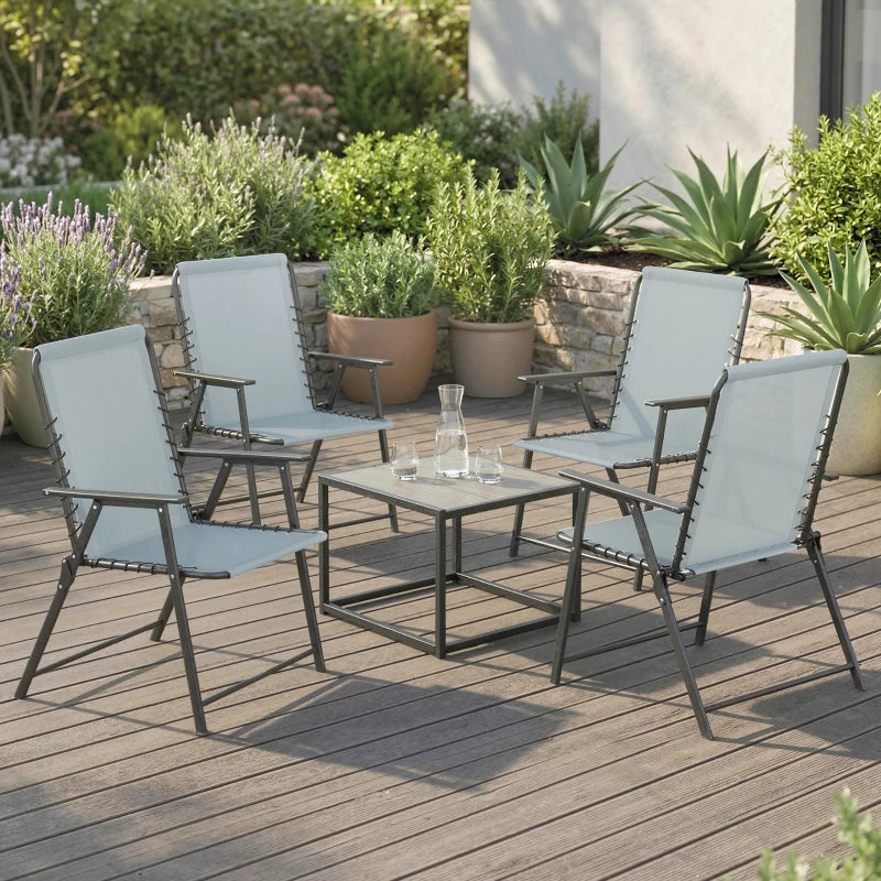 Set of 4 light grey high-back folding chairs with armrests and black frames on outdoor deck